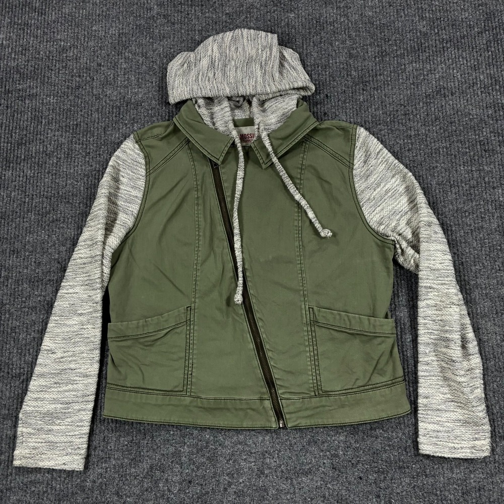 Mossimo Supply Co Womens XL Olive Green Gray Hooded Moto Jacket Full Zip
